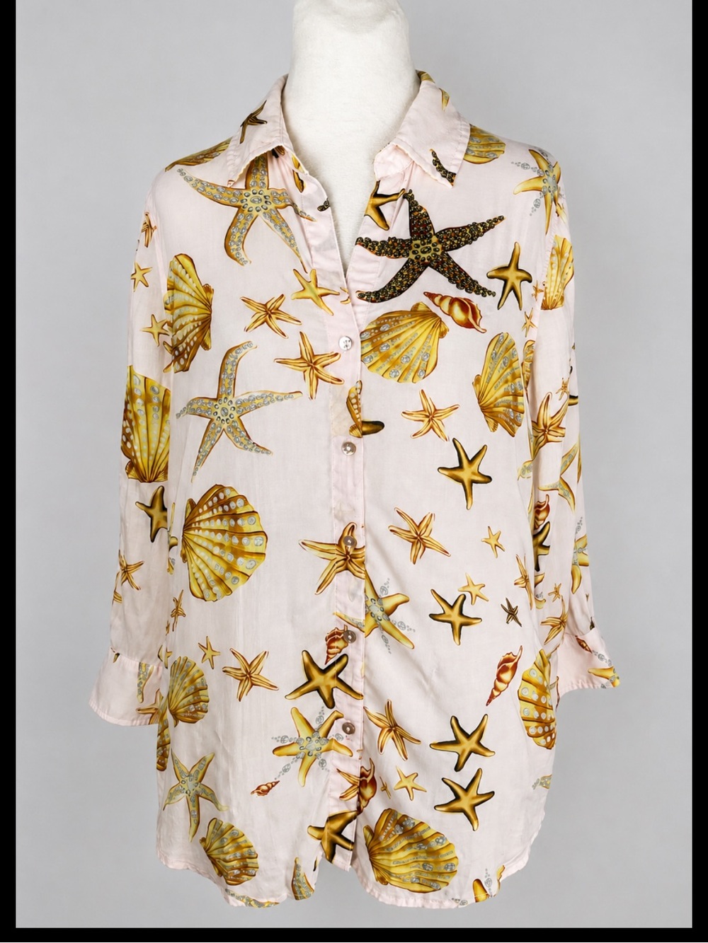 Elie Tahari Coastal Shell & Starfish Print Blouse | Medium | 100% Viscose Resort